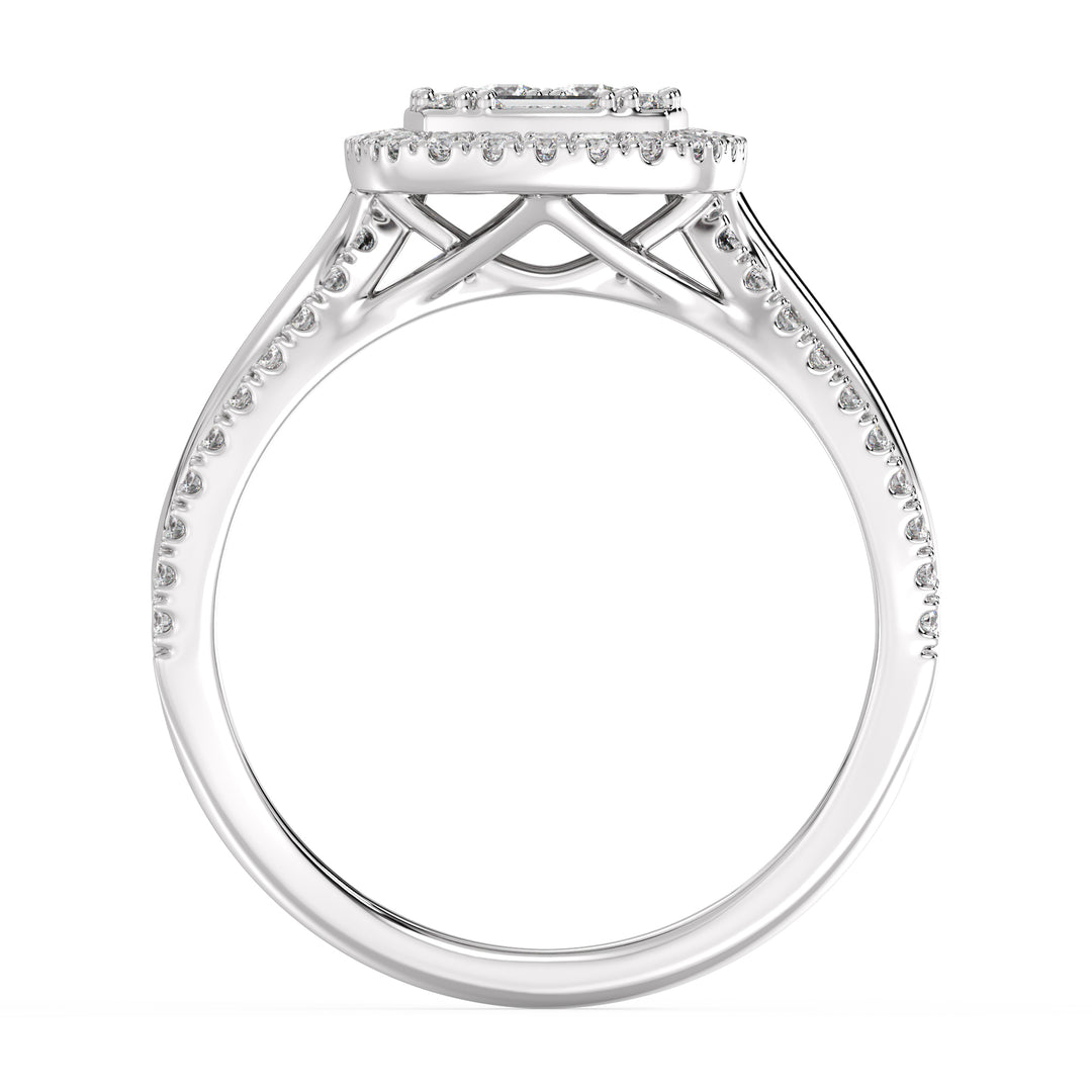 White Gold Vintage-Style Halo Engagement Ring adorned with 0.73CT T.W. lab-grown diamonds, featuring a cushion-shaped frame and delicate halo design in radiant 18K white gold