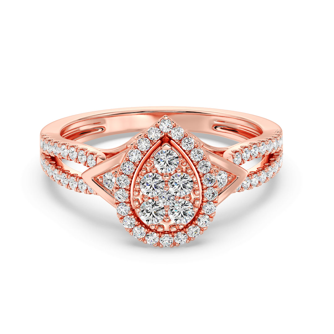 18K Rose Gold Pear-Shaped Engagement Ring adorned with a 0.56CT round-cut lab-grown diamond and 62 shimmering EF color, VS clarity diamonds. A romantic and sophisticated design perfect for celebrating love.