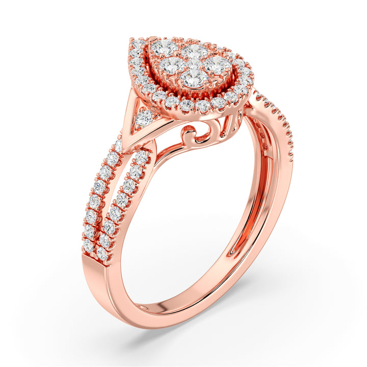 18K Rose Gold Pear-Shaped Engagement Ring adorned with a 0.56CT round-cut lab-grown diamond and 62 shimmering EF color, VS clarity diamonds. A romantic and sophisticated design perfect for celebrating love.
