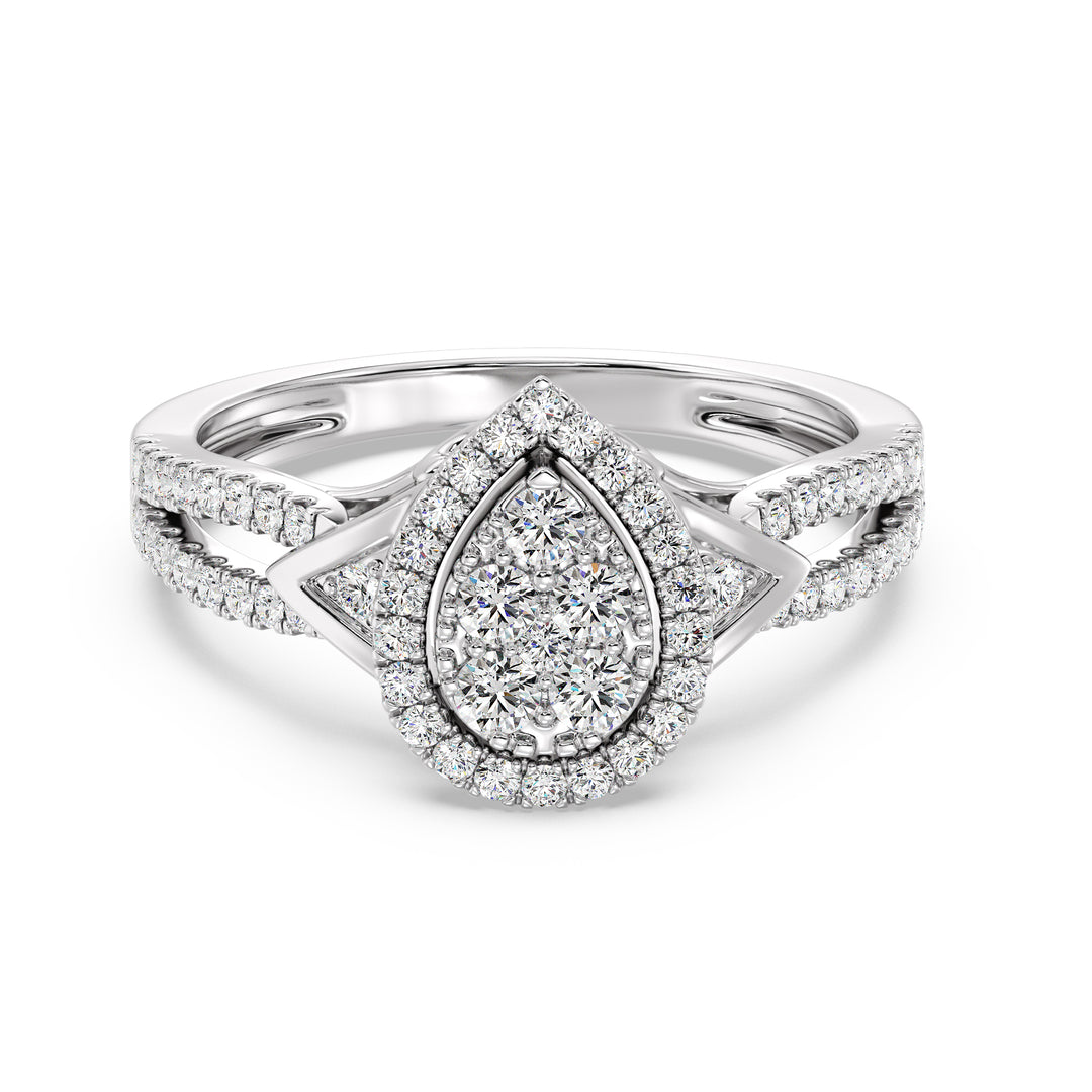18K White Gold Pear-Shaped Engagement Ring with a 0.56CT round-cut lab-grown diamond, complemented by 62 brilliant EF color, VS clarity diamonds. A sleek and modern choice with timeless appeal