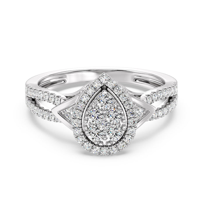 18K White Gold Pear-Shaped Engagement Ring with a 0.56CT round-cut lab-grown diamond, complemented by 62 brilliant EF color, VS clarity diamonds. A sleek and modern choice with timeless appeal
