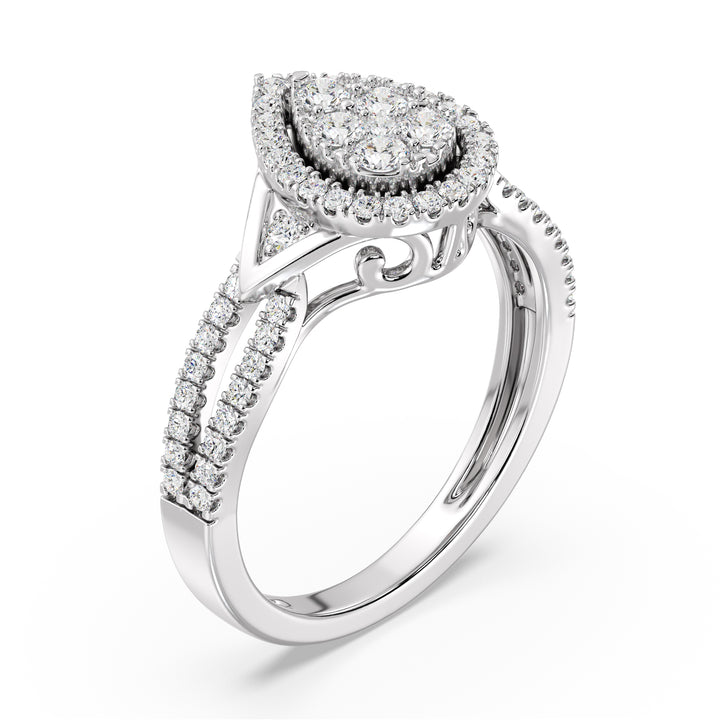 18K White Gold Pear-Shaped Engagement Ring with a 0.56CT round-cut lab-grown diamond, complemented by 62 brilliant EF color, VS clarity diamonds. A sleek and modern choice with timeless appeal