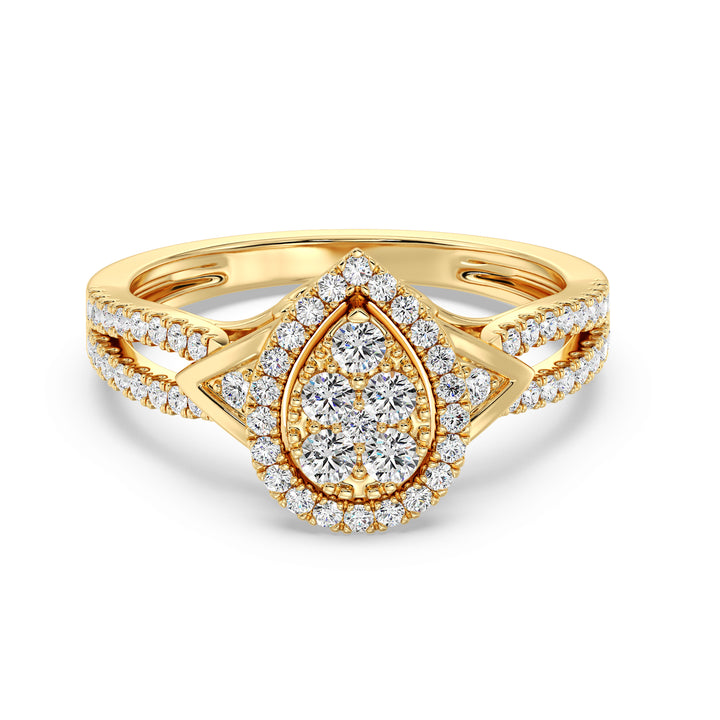 18K Yellow Gold Pear-Shaped Engagement Ring featuring a 0.56CT round-cut lab-grown diamond, surrounded by 62 sparkling EF color, VS clarity diamonds. A timeless design that radiates warmth and elegance