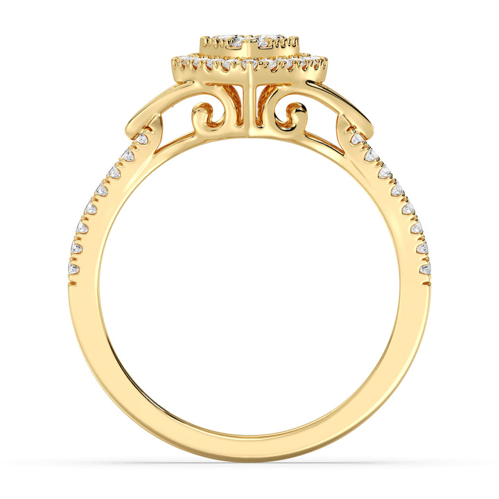 18K Yellow Gold Pear-Shaped Engagement Ring featuring a 0.56CT round-cut lab-grown diamond, surrounded by 62 sparkling EF color, VS clarity diamonds. A timeless design that radiates warmth and elegance