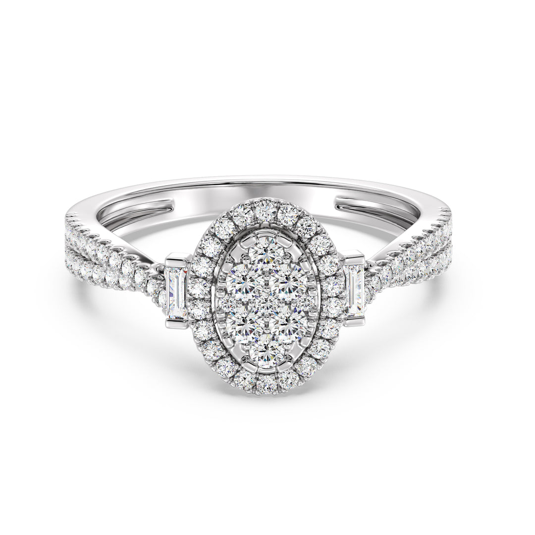 18K White Gold Oval Cluster Halo Engagement Ring with 0.67 CTW lab-grown diamonds, highlighting a sophisticated oval cluster halo design with round and baguette diamonds in sleek white gold.