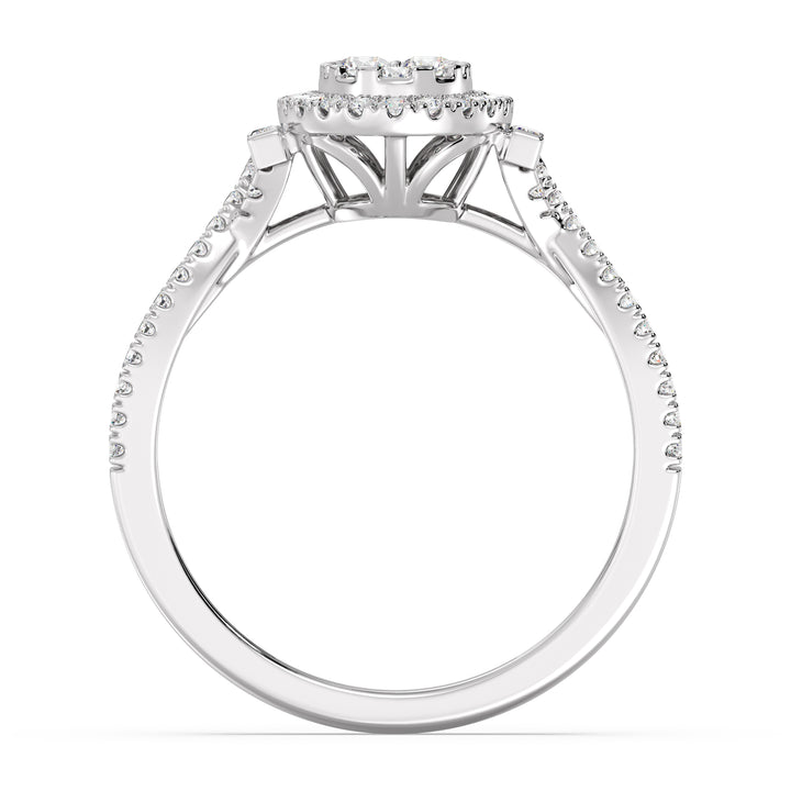 18K White Gold Oval Cluster Halo Engagement Ring with 0.67 CTW lab-grown diamonds, highlighting a sophisticated oval cluster halo design with round and baguette diamonds in sleek white gold.