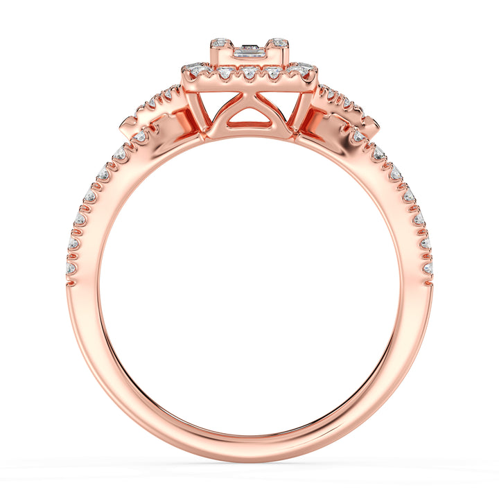 0.73 CTTW Lab-Grown Diamond Square Cluster Halo Engagement Ring in 18K Rose Gold with a twisted band design, showcasing 65 lab-grown diamonds in a square halo.