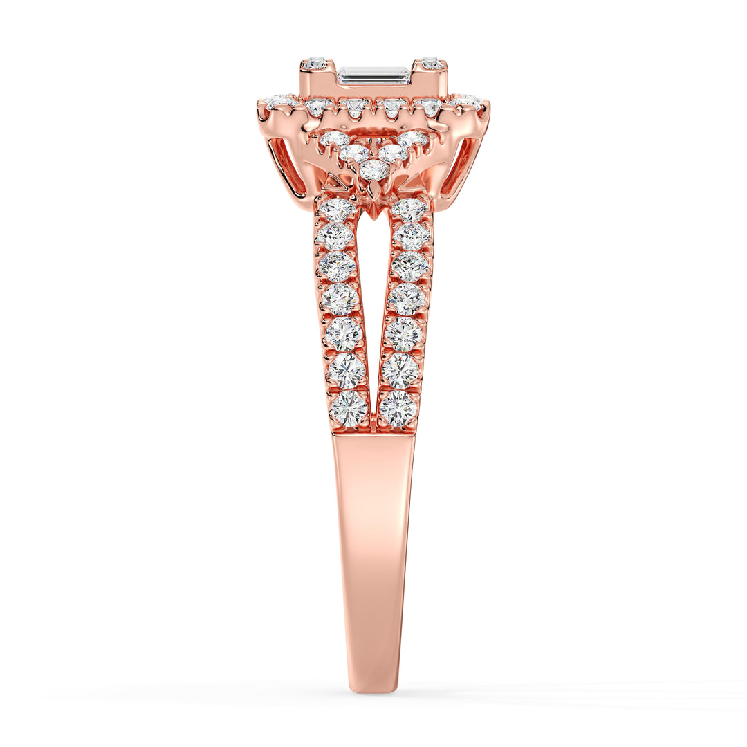 0.73 CTTW Lab-Grown Diamond Square Cluster Halo Engagement Ring in 18K Rose Gold with a twisted band design, showcasing 65 lab-grown diamonds in a square halo.