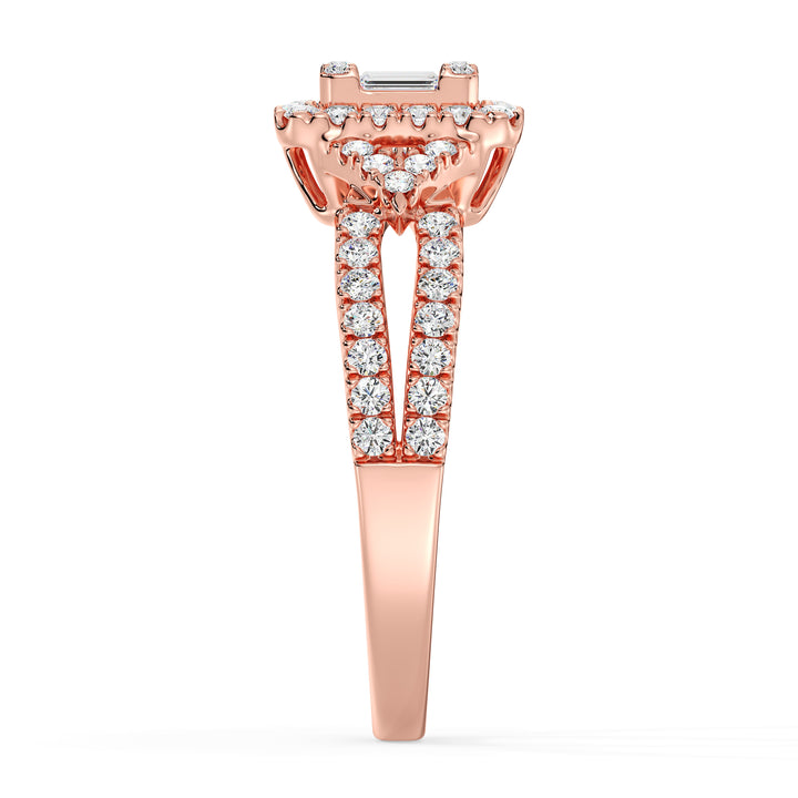 0.73 CTTW Lab-Grown Diamond Square Cluster Halo Engagement Ring in 18K Rose Gold with a twisted band design, showcasing 65 lab-grown diamonds in a square halo.