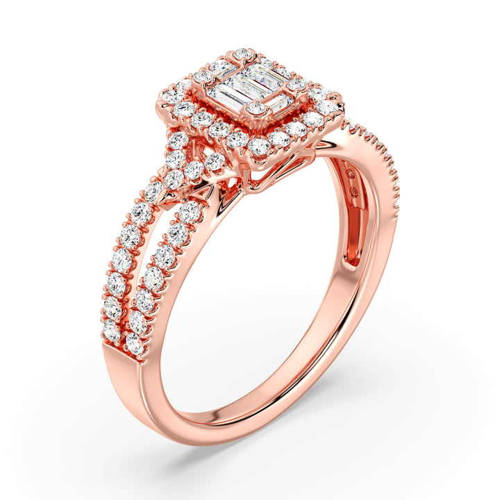 0.73 CTTW Lab-Grown Diamond Square Cluster Halo Engagement Ring in 18K Rose Gold with a twisted band design, showcasing 65 lab-grown diamonds in a square halo.