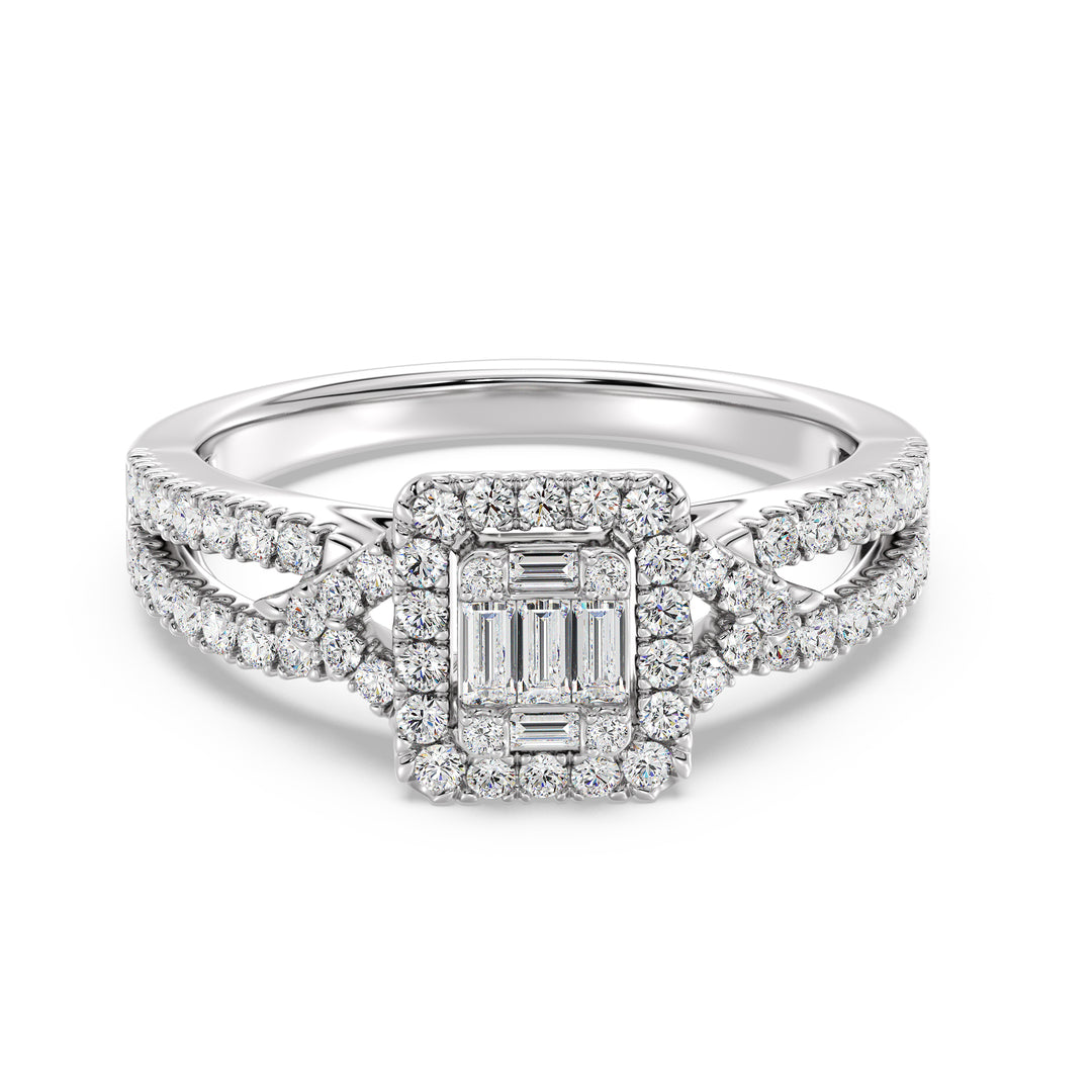 0.73 CTTW Lab-Grown Diamond Square Cluster Halo Engagement Ring in 18K White Gold with a twisted band design, adorned with 65 brilliant lab-grown diamonds in a square halo setting