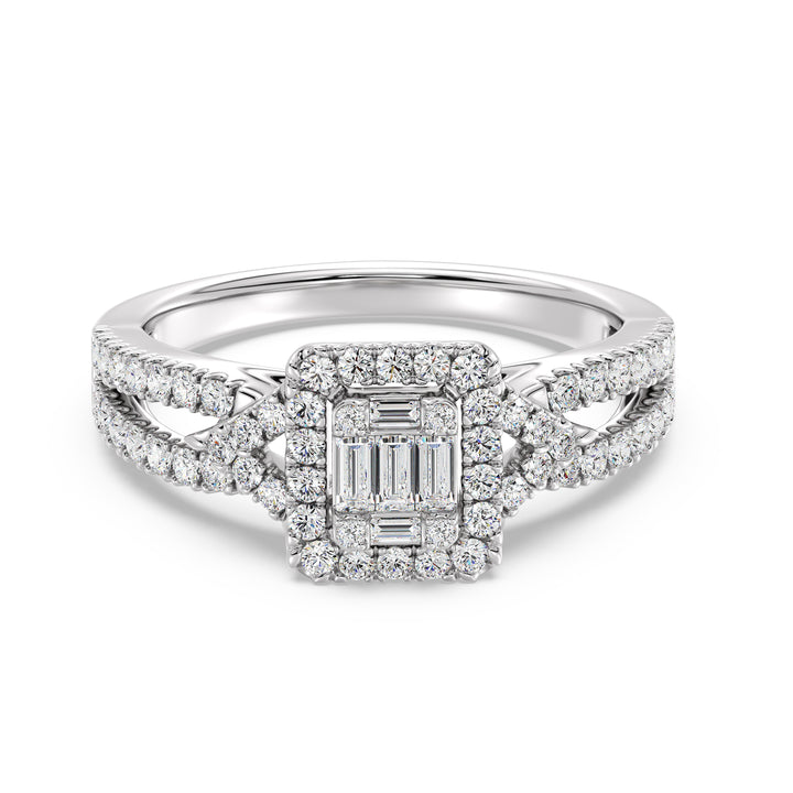 0.73 CTTW Lab-Grown Diamond Square Cluster Halo Engagement Ring in 18K White Gold with a twisted band design, adorned with 65 brilliant lab-grown diamonds in a square halo setting