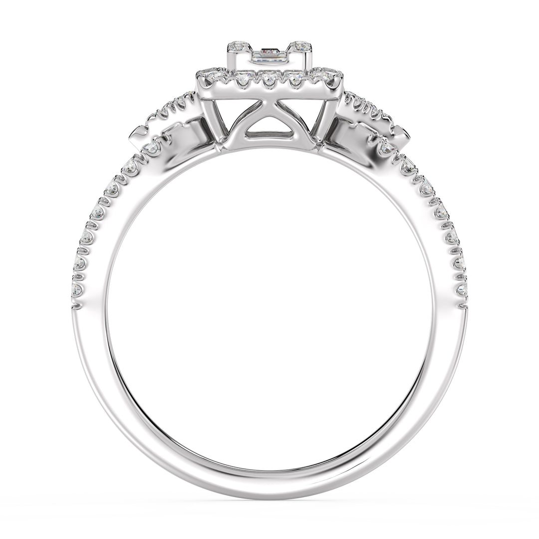 0.73 CTTW Lab-Grown Diamond Square Cluster Halo Engagement Ring in 18K White Gold with a twisted band design, adorned with 65 brilliant lab-grown diamonds in a square halo setting