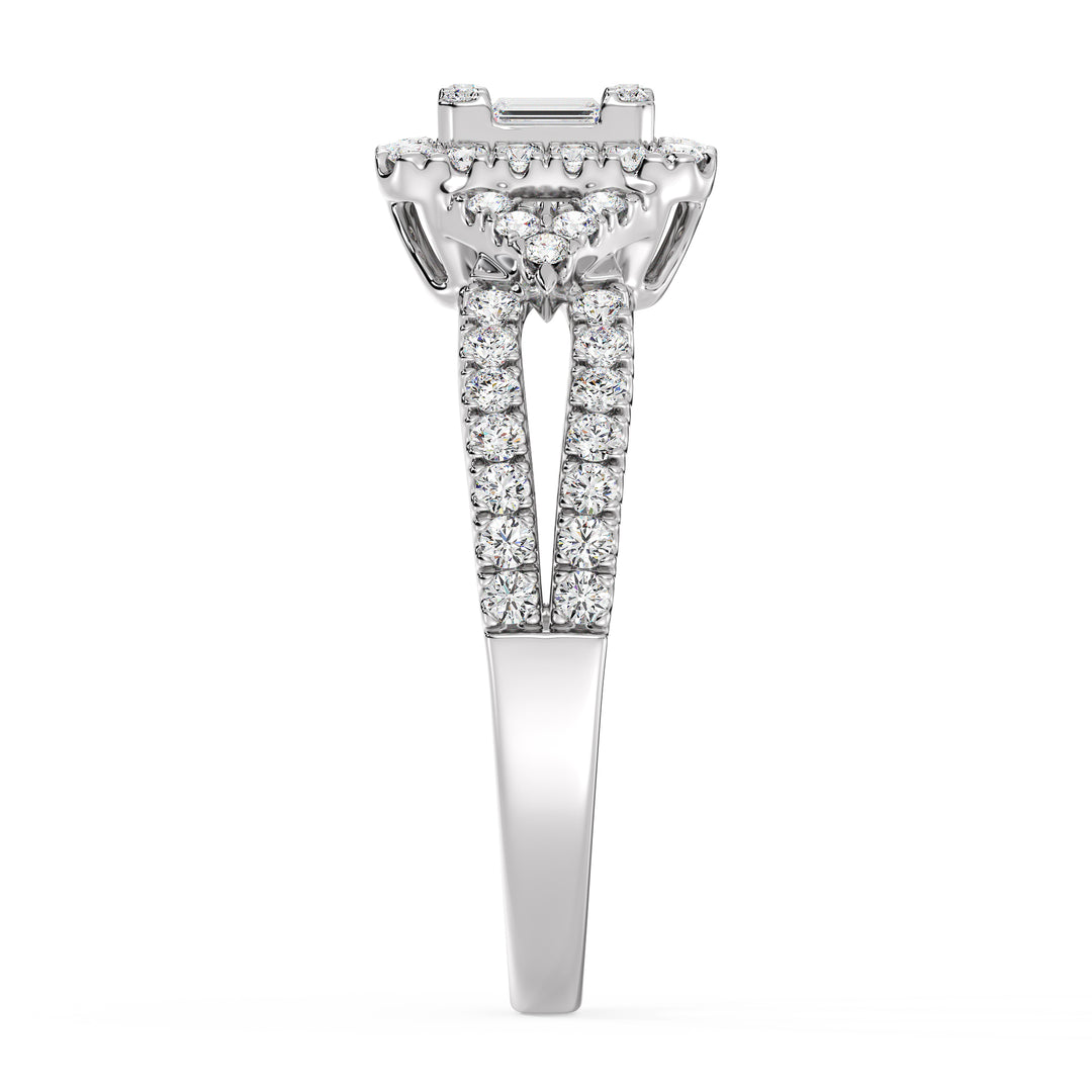 0.73 CTTW Lab-Grown Diamond Square Cluster Halo Engagement Ring in 18K White Gold with a twisted band design, adorned with 65 brilliant lab-grown diamonds in a square halo setting