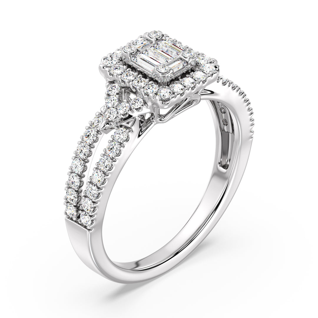0.73 CTTW Lab-Grown Diamond Square Cluster Halo Engagement Ring in 18K White Gold with a twisted band design, adorned with 65 brilliant lab-grown diamonds in a square halo setting