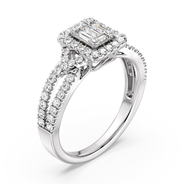 0.73 CTTW Lab-Grown Diamond Square Cluster Halo Engagement Ring in 18K White Gold with a twisted band design, adorned with 65 brilliant lab-grown diamonds in a square halo setting
