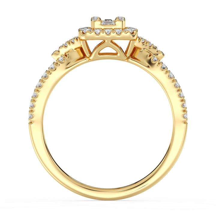 0.73 CTTW Lab-Grown Diamond Square Cluster Halo Engagement Ring in 18K Yellow Gold with a twisted band design, featuring 65 sparkling diamonds in a square halo setting