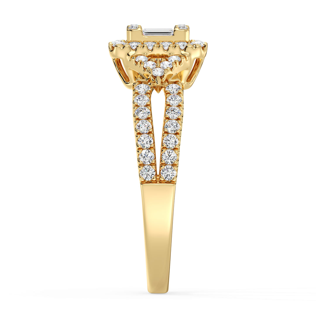 0.73 CTTW Lab-Grown Diamond Square Cluster Halo Engagement Ring in 18K Yellow Gold with a twisted band design, featuring 65 sparkling diamonds in a square halo setting