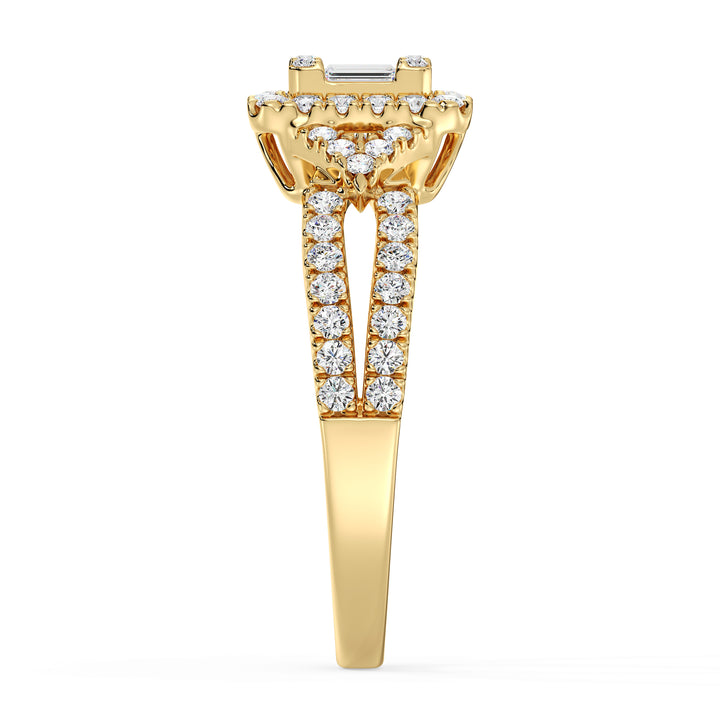 0.73 CTTW Lab-Grown Diamond Square Cluster Halo Engagement Ring in 18K Yellow Gold with a twisted band design, featuring 65 sparkling diamonds in a square halo setting
