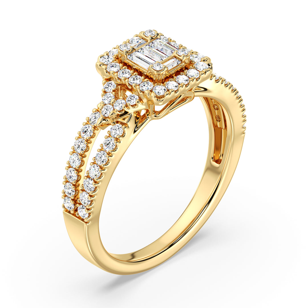0.73 CTTW Lab-Grown Diamond Square Cluster Halo Engagement Ring in 18K Yellow Gold with a twisted band design, featuring 65 sparkling diamonds in a square halo setting