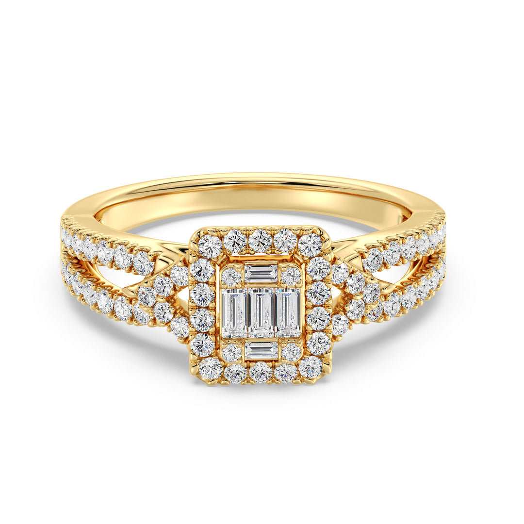 0.73 CTTW Lab-Grown Diamond Square Cluster Halo Engagement Ring in 18K Yellow Gold with a twisted band design, featuring 65 sparkling diamonds in a square halo setting