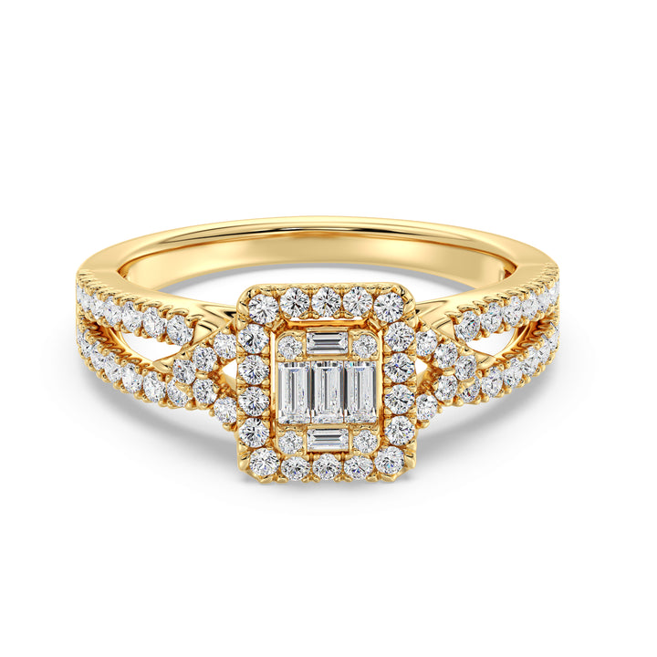 0.73 CTTW Lab-Grown Diamond Square Cluster Halo Engagement Ring in 18K Yellow Gold with a twisted band design, featuring 65 sparkling diamonds in a square halo setting