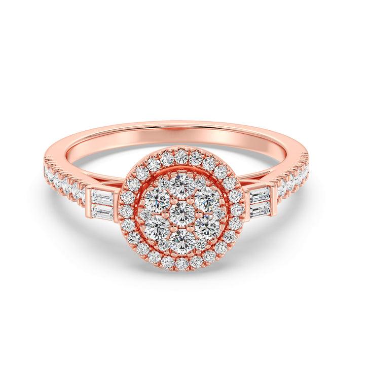 An elegant 0.74 CTTW Lab-Grown Diamond Round Cluster Halo Engagement Ring in 18K Rose Gold. The romantic blush tone of the rose gold band enhances the brilliance of the EF color, VS clarity diamonds set in a captivating round cluster halo pattern.