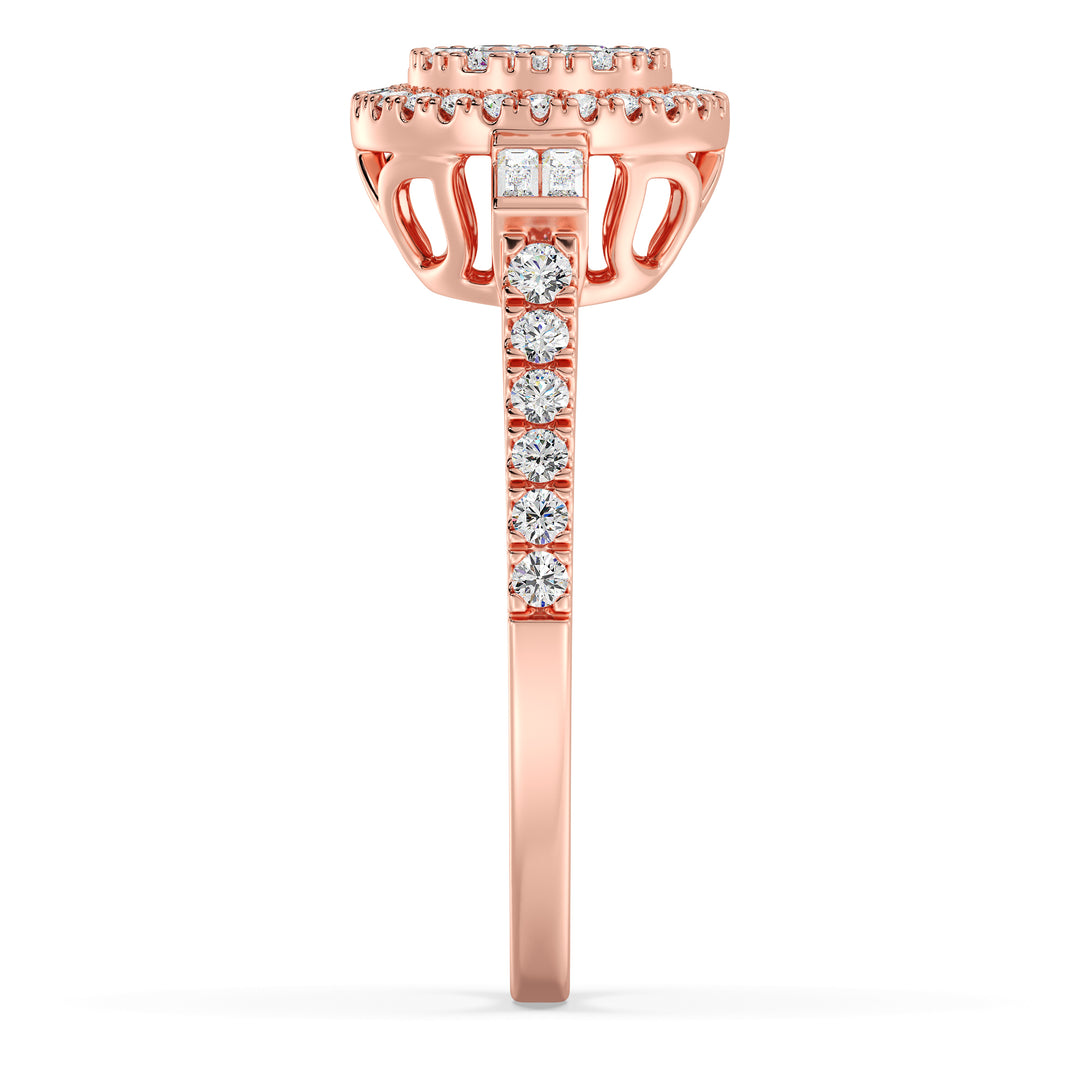 An elegant 0.74 CTTW Lab-Grown Diamond Round Cluster Halo Engagement Ring in 18K Rose Gold. The romantic blush tone of the rose gold band enhances the brilliance of the EF color, VS clarity diamonds set in a captivating round cluster halo pattern.
