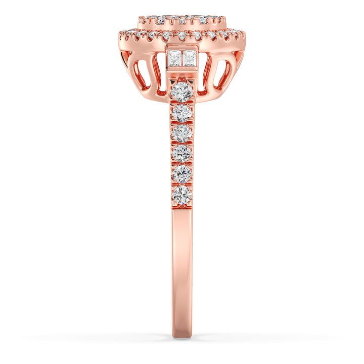 An elegant 0.74 CTTW Lab-Grown Diamond Round Cluster Halo Engagement Ring in 18K Rose Gold. The romantic blush tone of the rose gold band enhances the brilliance of the EF color, VS clarity diamonds set in a captivating round cluster halo pattern.
