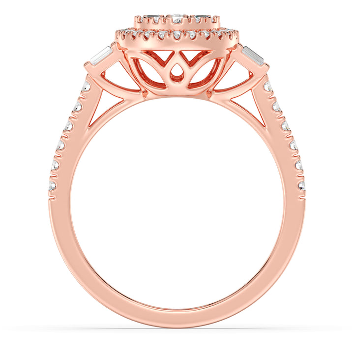 An elegant 0.74 CTTW Lab-Grown Diamond Round Cluster Halo Engagement Ring in 18K Rose Gold. The romantic blush tone of the rose gold band enhances the brilliance of the EF color, VS clarity diamonds set in a captivating round cluster halo pattern.