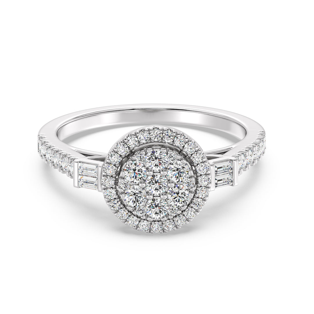 A timeless 0.74 CTTW Lab-Grown Diamond Round Cluster Halo Engagement Ring in 18K White Gold. The sleek white gold band highlights the radiant sparkle of the EF color, VS clarity diamonds arranged in a luminous round cluster halo design.