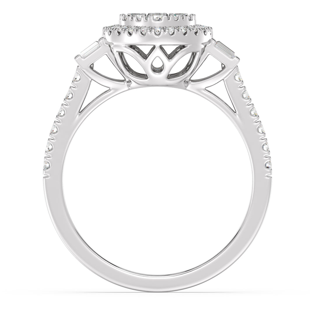 A timeless 0.74 CTTW Lab-Grown Diamond Round Cluster Halo Engagement Ring in 18K White Gold. The sleek white gold band highlights the radiant sparkle of the EF color, VS clarity diamonds arranged in a luminous round cluster halo design.