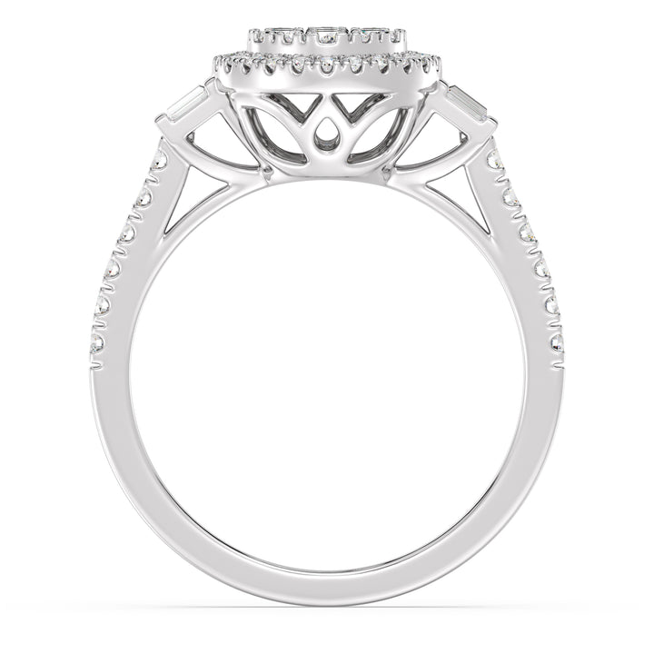 A timeless 0.74 CTTW Lab-Grown Diamond Round Cluster Halo Engagement Ring in 18K White Gold. The sleek white gold band highlights the radiant sparkle of the EF color, VS clarity diamonds arranged in a luminous round cluster halo design.