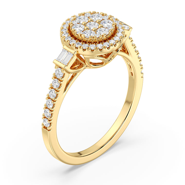A stunning 0.74 CTTW Lab-Grown Diamond Round Cluster Halo Engagement Ring in 18K Yellow Gold. The warm yellow gold band beautifully complements the sparkling EF color, VS clarity diamonds arranged in a dazzling round cluster halo design.