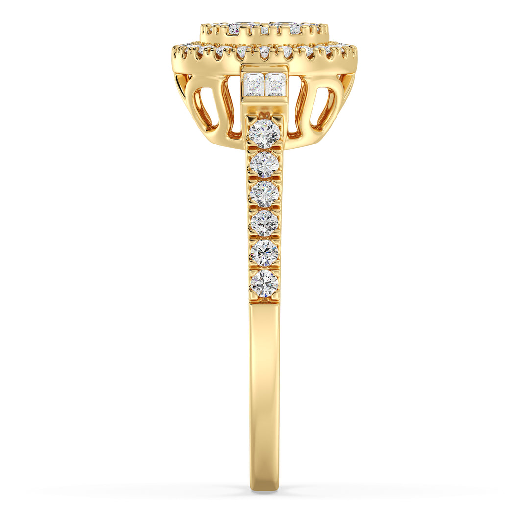 A stunning 0.74 CTTW Lab-Grown Diamond Round Cluster Halo Engagement Ring in 18K Yellow Gold. The warm yellow gold band beautifully complements the sparkling EF color, VS clarity diamonds arranged in a dazzling round cluster halo design.