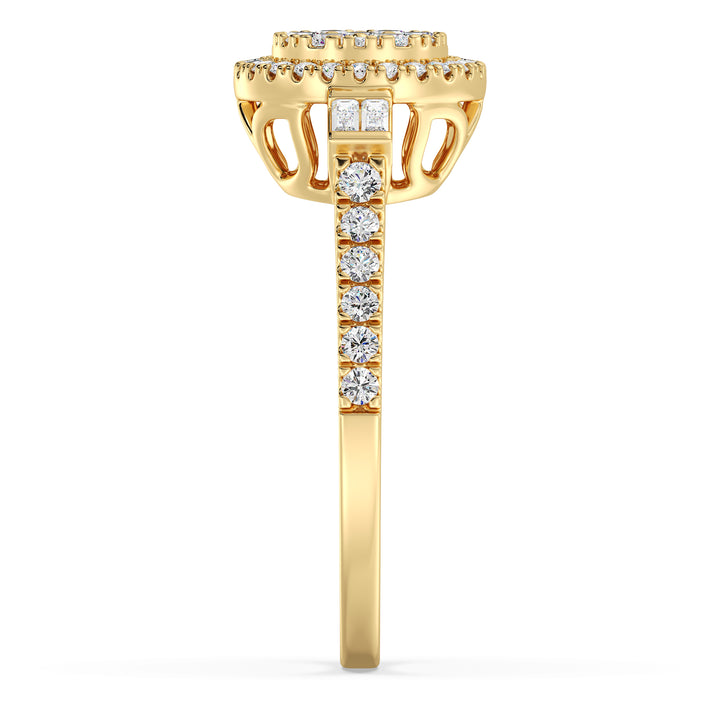 A stunning 0.74 CTTW Lab-Grown Diamond Round Cluster Halo Engagement Ring in 18K Yellow Gold. The warm yellow gold band beautifully complements the sparkling EF color, VS clarity diamonds arranged in a dazzling round cluster halo design.