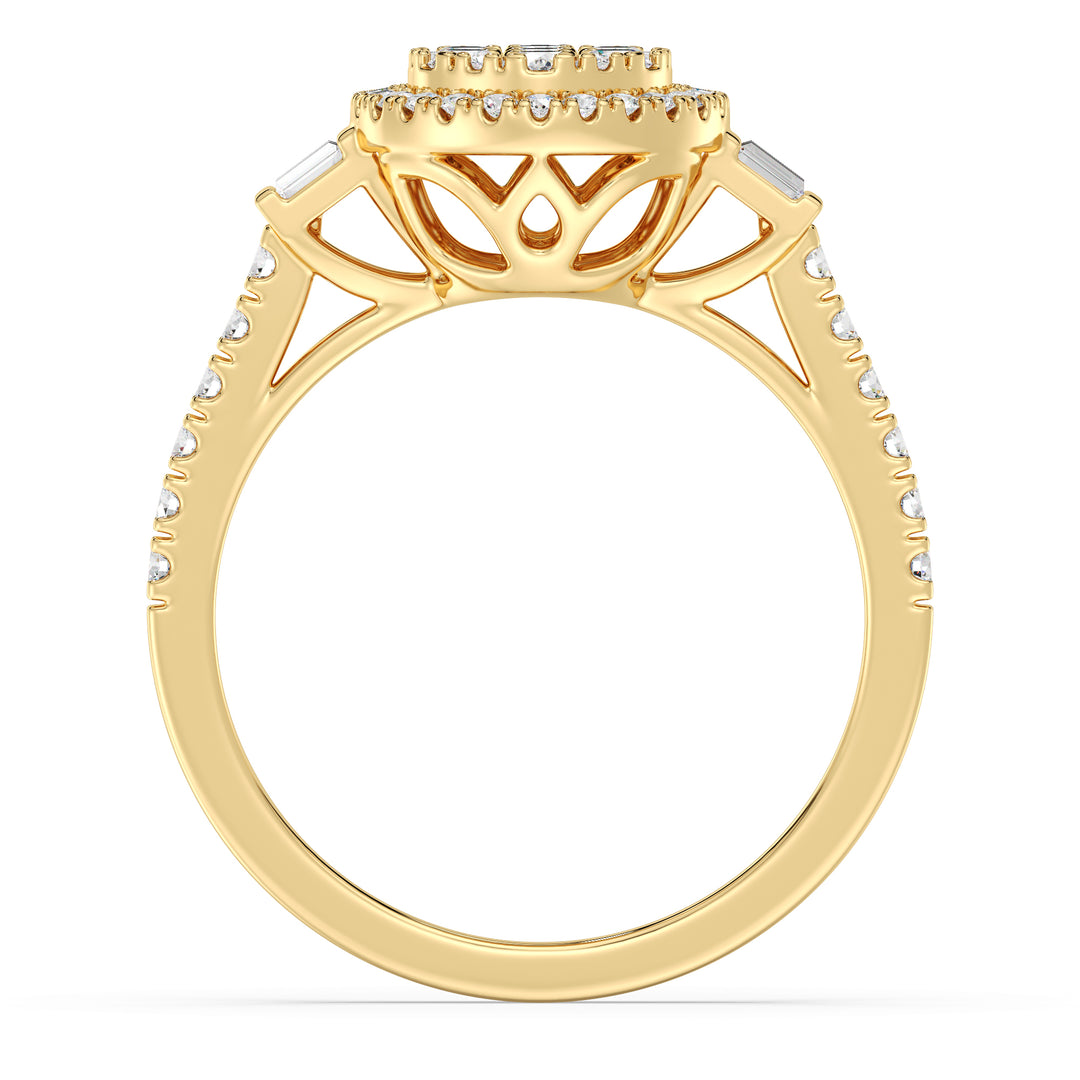 A stunning 0.74 CTTW Lab-Grown Diamond Round Cluster Halo Engagement Ring in 18K Yellow Gold. The warm yellow gold band beautifully complements the sparkling EF color, VS clarity diamonds arranged in a dazzling round cluster halo design.