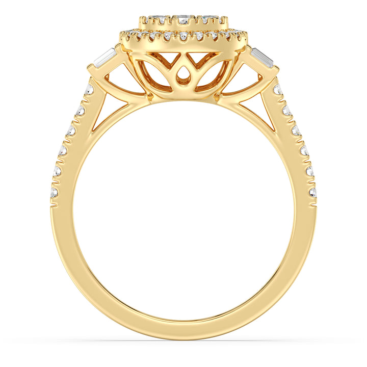 A stunning 0.74 CTTW Lab-Grown Diamond Round Cluster Halo Engagement Ring in 18K Yellow Gold. The warm yellow gold band beautifully complements the sparkling EF color, VS clarity diamonds arranged in a dazzling round cluster halo design.