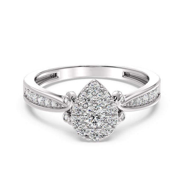 18K white gold pear-shaped cluster halo engagement ring with 0.70 CTTW round EF-VS lab-grown diamonds, offering sleek elegance and captivating sparkle.