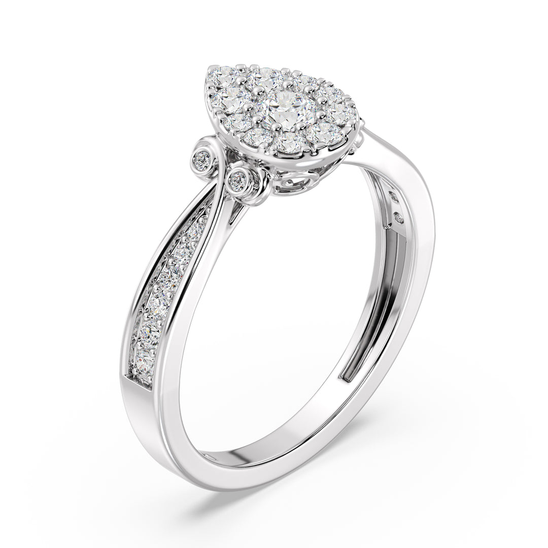 18K white gold pear-shaped cluster halo engagement ring with 0.70 CTTW round EF-VS lab-grown diamonds, offering sleek elegance and captivating sparkle.