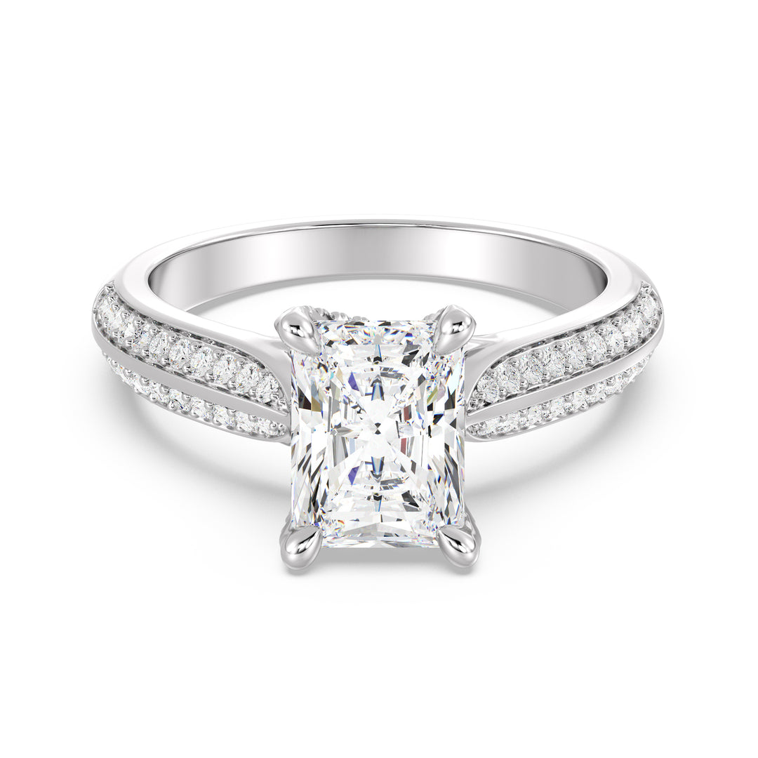 Radiant Cut Lab-Grown Diamond Engagement Ring with Pavé Band in 18K White Gold, elegantly designed with a radiant centerpiece and 72 round side stones.