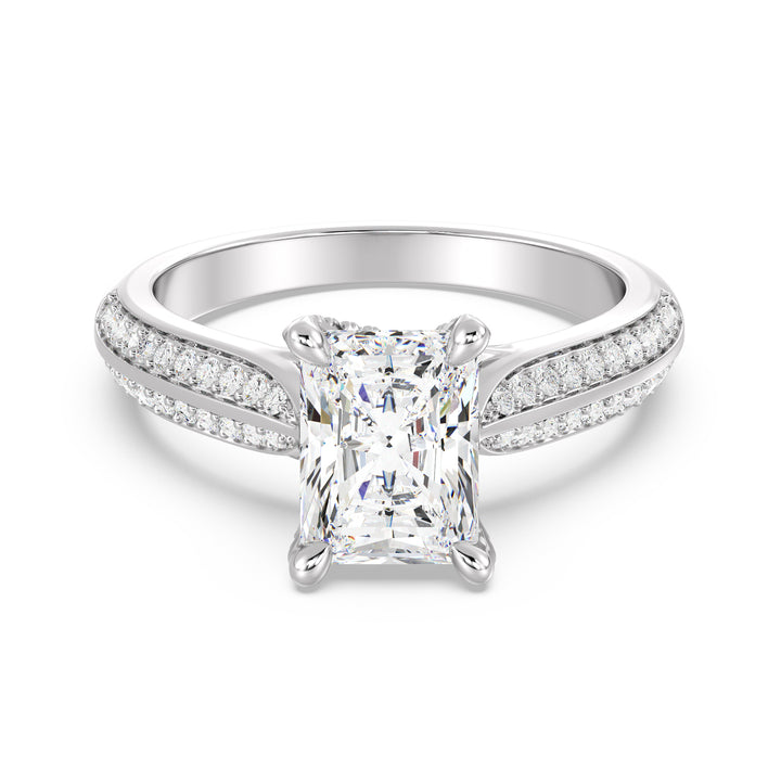 Radiant Cut Lab-Grown Diamond Engagement Ring with Pavé Band in 18K White Gold, elegantly designed with a radiant centerpiece and 72 round side stones.