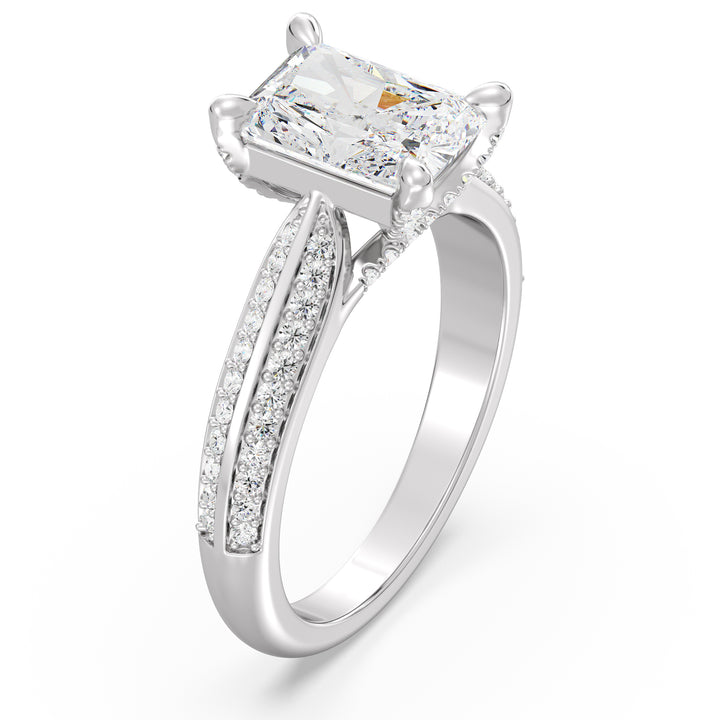 Radiant Cut Lab-Grown Diamond Engagement Ring with Pavé Band in 18K White Gold, elegantly designed with a radiant centerpiece and 72 round side stones.