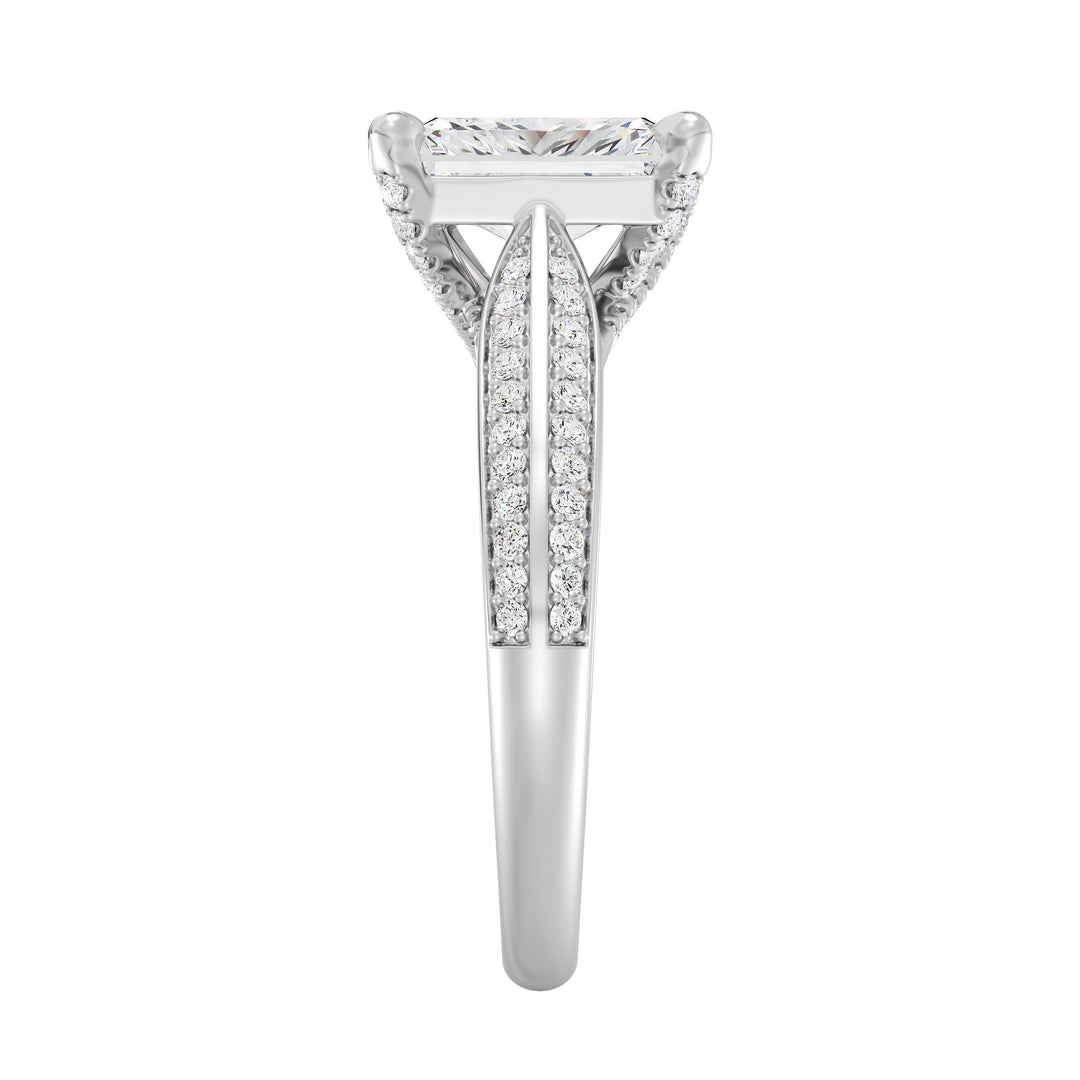 Radiant Cut Lab-Grown Diamond Engagement Ring with Pavé Band in 18K White Gold, elegantly designed with a radiant centerpiece and 72 round side stones.