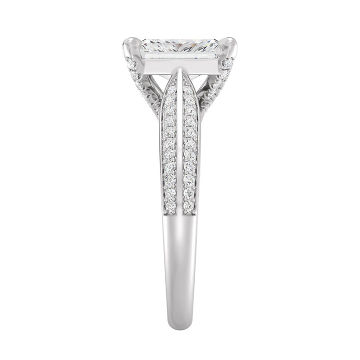 Radiant Cut Lab-Grown Diamond Engagement Ring with Pavé Band in 18K White Gold, elegantly designed with a radiant centerpiece and 72 round side stones.