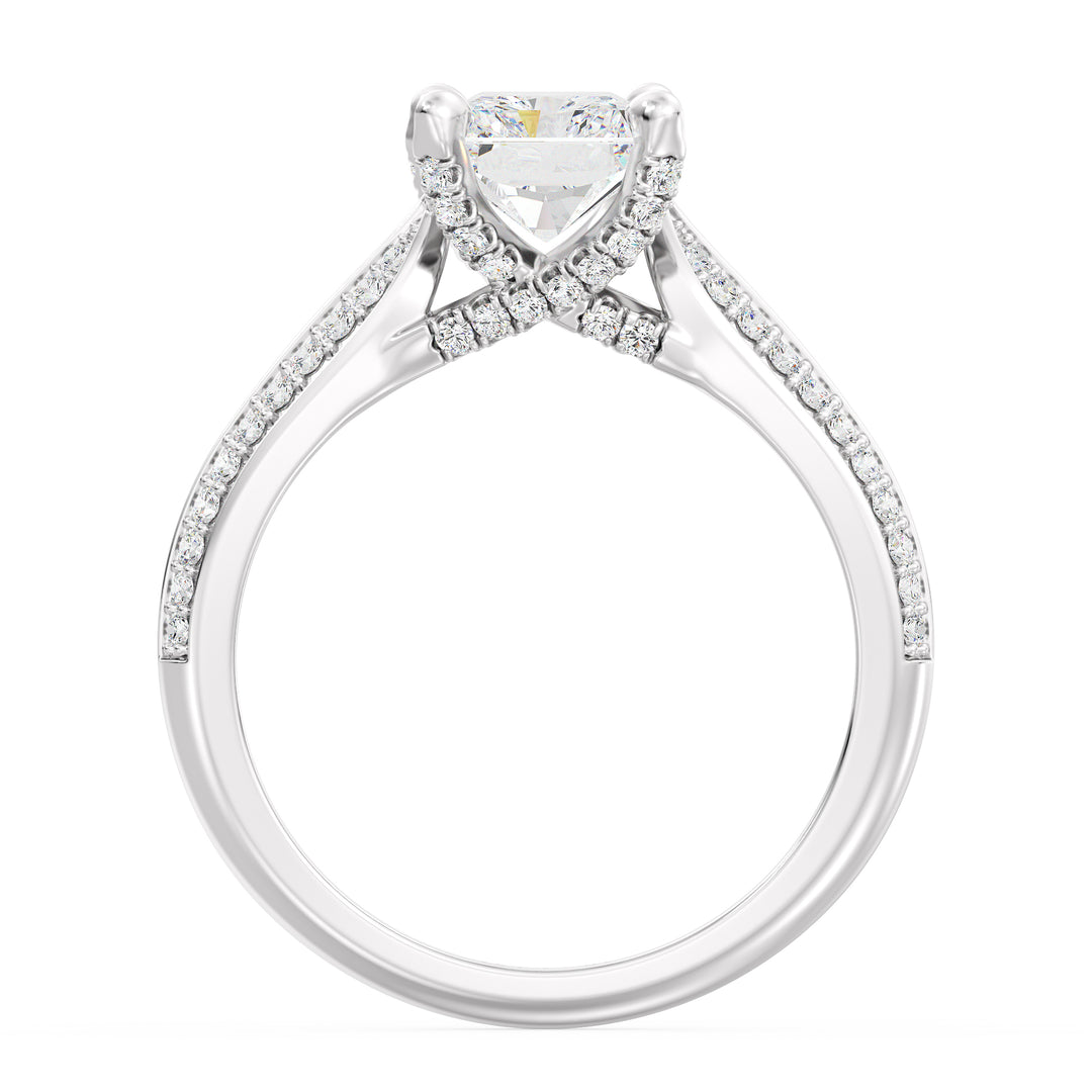 Radiant Cut Lab-Grown Diamond Engagement Ring with Pavé Band in 18K White Gold, elegantly designed with a radiant centerpiece and 72 round side stones.