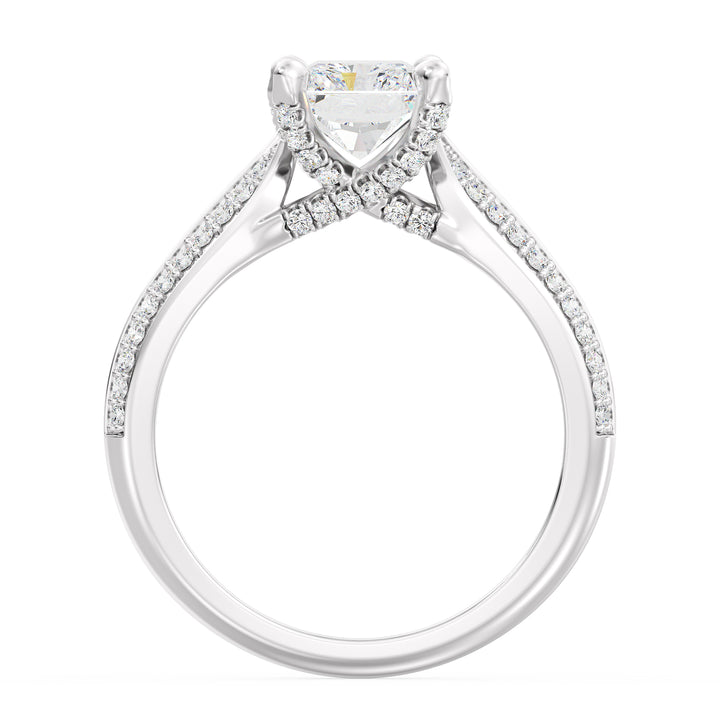 Radiant Cut Lab-Grown Diamond Engagement Ring with Pavé Band in 18K White Gold, elegantly designed with a radiant centerpiece and 72 round side stones.