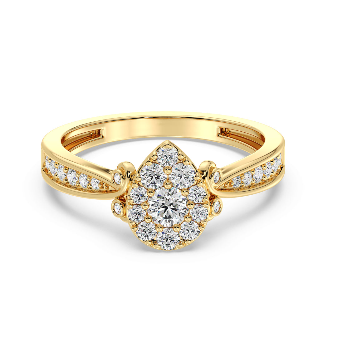 18K yellow gold pear-shaped cluster halo engagement ring featuring 0.70 CTTW round EF-VS lab-grown diamonds, showcasing timeless elegance and radiant brilliance