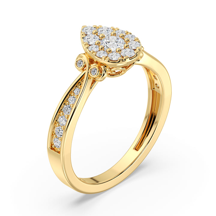 18K yellow gold pear-shaped cluster halo engagement ring featuring 0.70 CTTW round EF-VS lab-grown diamonds, showcasing timeless elegance and radiant brilliance