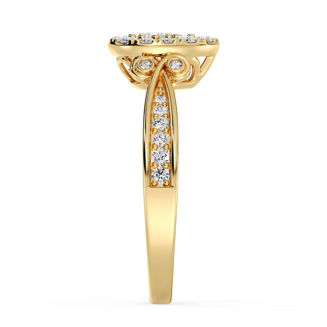 18K yellow gold pear-shaped cluster halo engagement ring featuring 0.70 CTTW round EF-VS lab-grown diamonds, showcasing timeless elegance and radiant brilliance